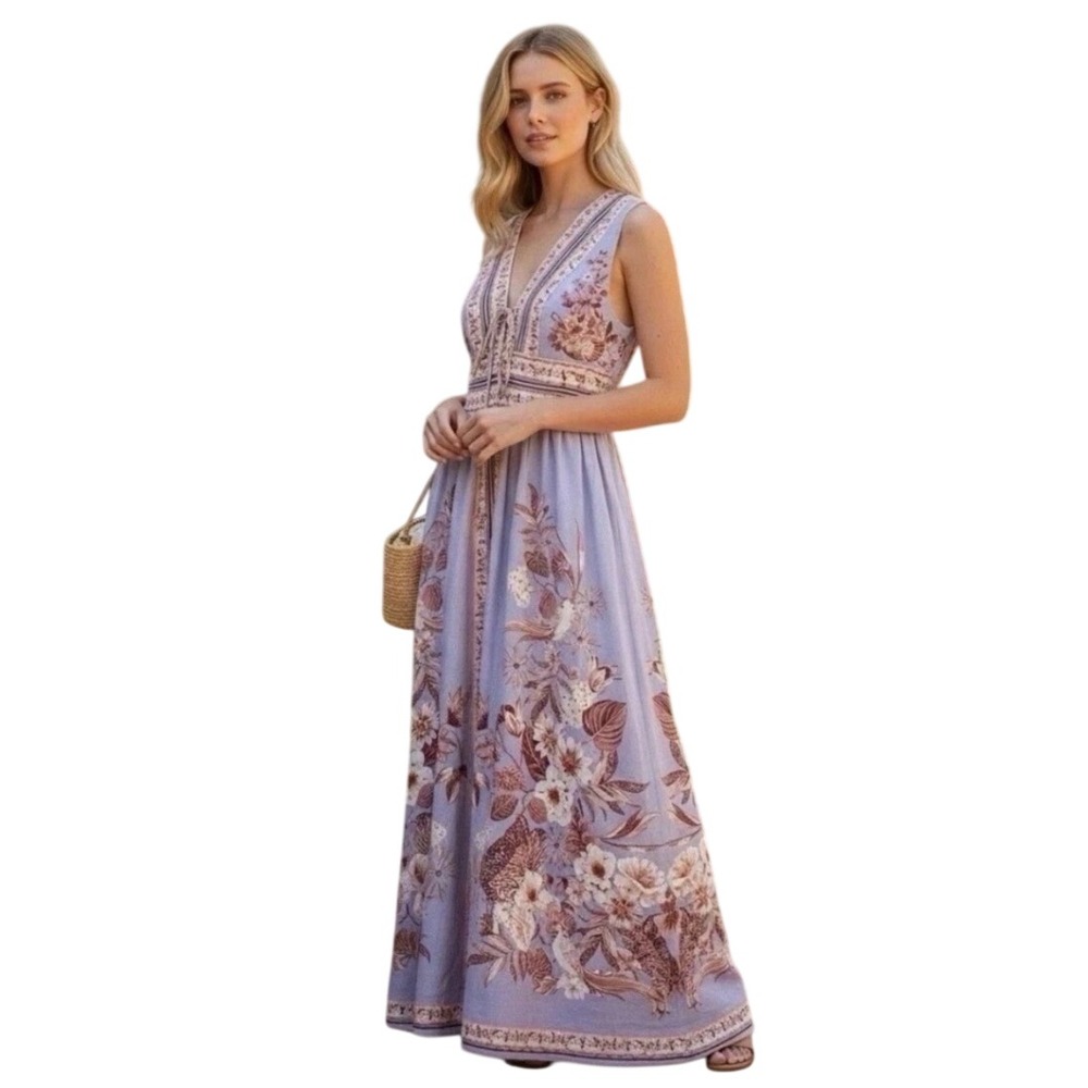 Caroline Constas Grecian Floral Linen Blend Maxi Dress Blue Boho Pokets S NWT - Picture 1 of 15